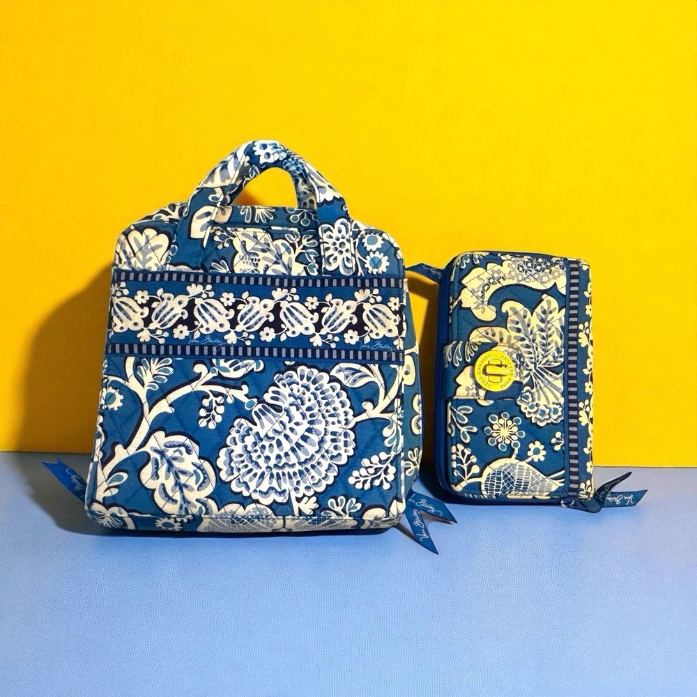 Vera Bradley Blue Lagoon Tech Organizer Bag With Matching Full-Size Wallet Clean